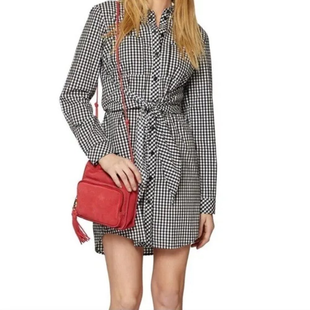 Sanctuary Gingham Pattern Dress Black & White Tie Front Long Sleeve‎ Collared